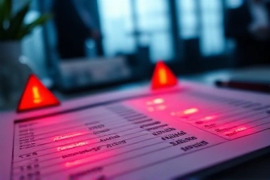 Business ledger with glowing warning symbols representing financial risk.