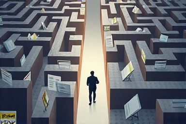 Business owner navigating a maze towards compliance and away from penalties.