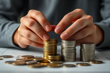 Hands managing digital and physical currency