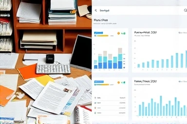 Contrast of cluttered traditional tax work vs. organized digital tax dashboard
