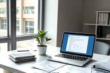 Office desk with tax documents and laptop, symbolizing financial management.