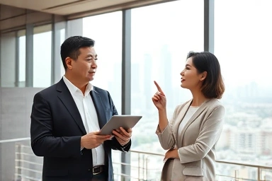 Korean seniors contemplating financial future with luxury apartment.