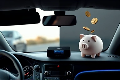 Car dashboard with blackbox and savings symbol