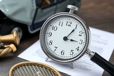 Car accident insurance claim process, legal documents, ticking clock symbol