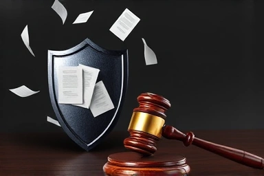 Symbolic shield protecting person from legal costs and gavel.