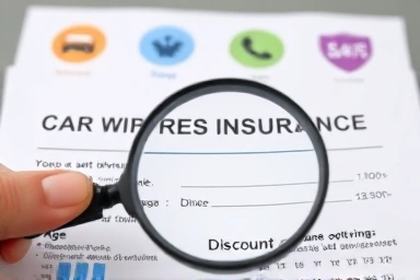 Magnifying glass on car insurance policy highlighting age and discount sections.