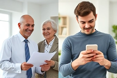 Insurance agent explaining policy vs. person managing car insurance on phone.
