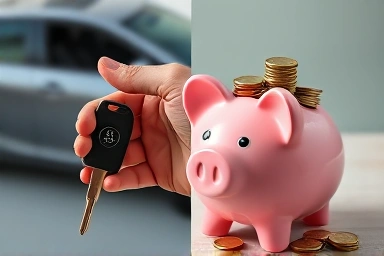 Car key and overflowing piggy bank, representing insurance savings.