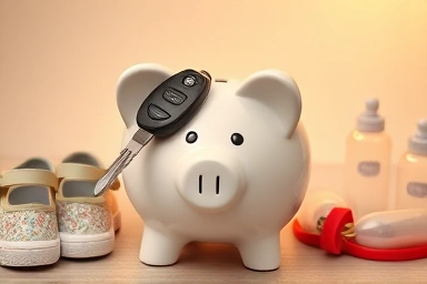 Piggy bank and car key, representing financial savings for family.