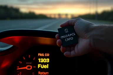 Car dashboard with low fuel warning and insurance card