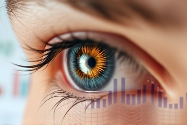 Symbolic eye with lens implant and financial data background.