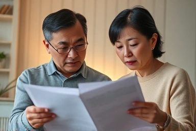 Korean couple reviewing insurance documents with concern.