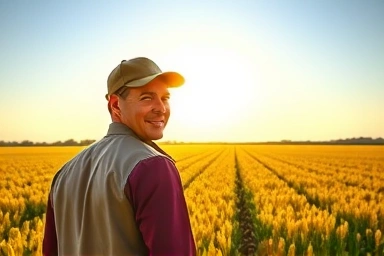 Farmer in secure field symbolizing agricultural insurance benefits.