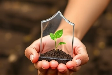 Seedling protected by a shield, symbolizing agricultural insurance.