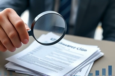 Magnifying glass over insurance forms, reward discovery concept.