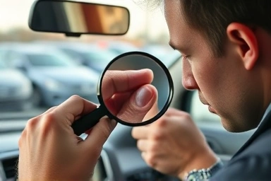 Used car inspection, magnifying glass, hidden damage, careful buyer