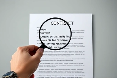 Close-up of insurance contract with magnifying glass.