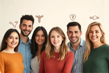 Adults with health and financial security symbols.