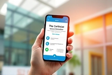Smartphone displaying digital certificate with office background