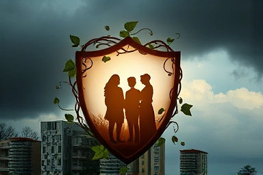 Symbolic shield protecting family from storm cloud