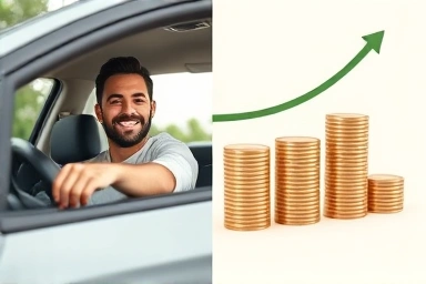 Driver in rental car with subtle financial savings graphic.