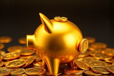Golden piggy bank filled with coins, representing financial security.