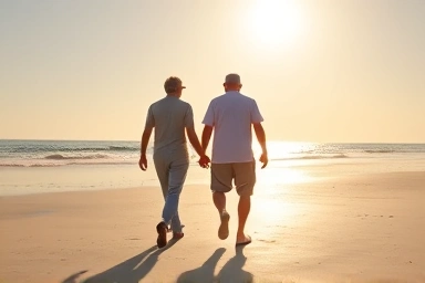 Happy elderly couple enjoying a peaceful retirement on a sunny beach.