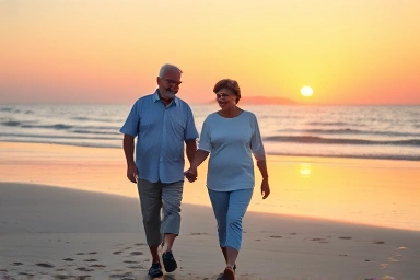 Elderly couple enjoying a peaceful sunset, symbolizing retirement.