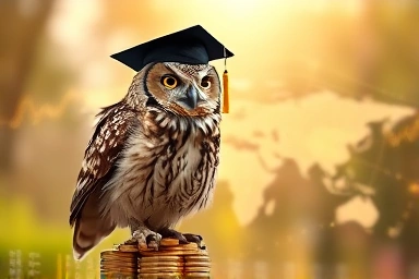 Wise owl on coins with AI financial data streams