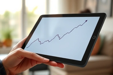Tablet showing upward financial graph with AI elements