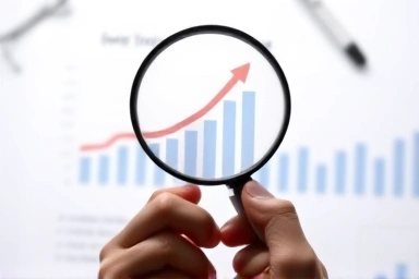 Magnifying glass on financial document showing positive trend.