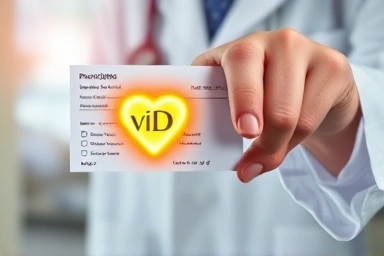 Doctor's hand with vitamin D prescription, symbolizing treatment.