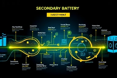 Infographic of secondary battery industry supply chain and investment growth.