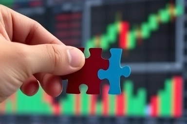 Hand assembling puzzle pieces representing secondary battery components with stock charts background.