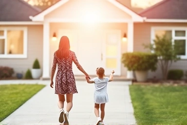 Mother and child walking home, symbolizing care and security.