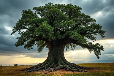 Resilient oak tree in stormy weather, symbolizing investment stability.