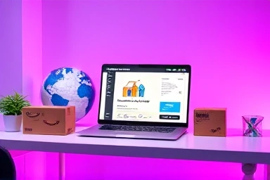 Amazon FBA seller desk setup with laptop and shipping boxes.