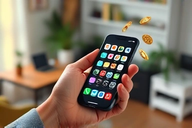 Smartphone earning money with app icons and coins