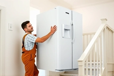 Appliance installation assistants carrying a refrigerator, teamwork, effort