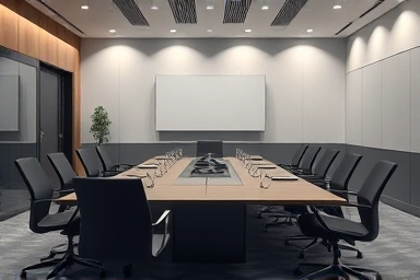 Modern meeting room with integrated professional audio system.