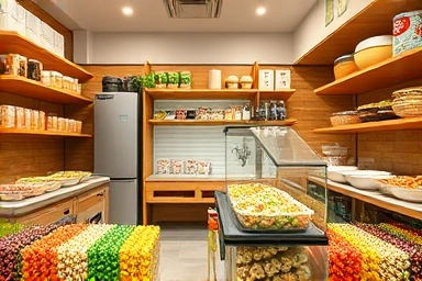 Korean banchan store interior with fresh side dishes