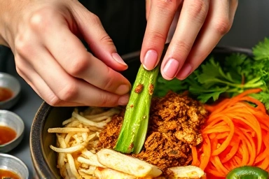 Hands preparing traditional Korean banchan with fresh ingredients