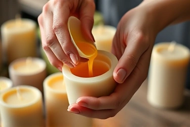Hands crafting a candle in a creative workshop.