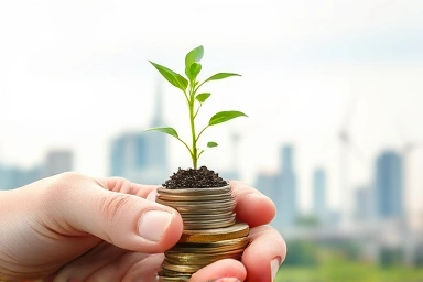 Sustainable investment, seedling growing from coins, green energy