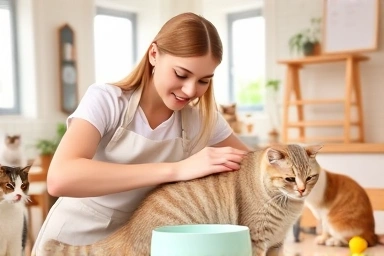 Young woman caring for cat in cozy cafe