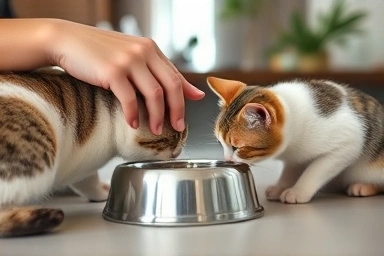 Hands preparing cat food with care and hygiene