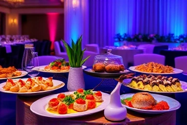 Elegant catering spread with gourmet food and stylish presentation.