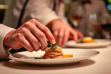 Chef meticulously plating a gourmet dish for catering.
