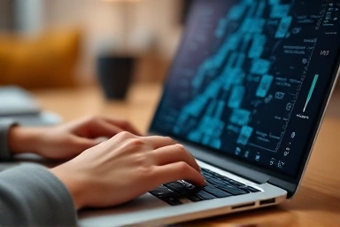 Hands typing on laptop with AI overlay, productive home office.