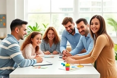 Successful childcare service startup team collaborating in a modern office.